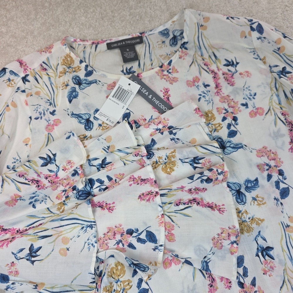 Chelsea & Theodore Blouse Top Womens S Ivory Multi Floral Ruffle Bell Sleeve NWT